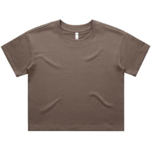 A brown short-sleeve T-shirt with a round neckline and a simple design. It features a logo on the inside tag.