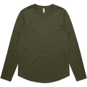 A long-sleeve T-shirt in olive green, featuring a simple design and a subtle logo.