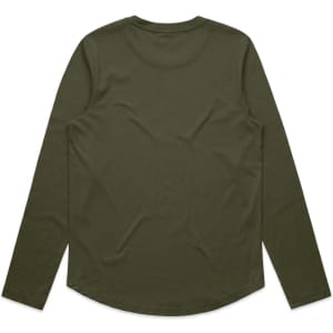 A green long-sleeve T-shirt with a rounded hem and a plain back design. It features a branding logo.