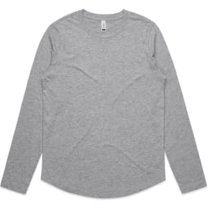 A long-sleeve grey T-shirt with a rounded hem and a logo on the label.