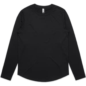 A black long-sleeve t-shirt with a round neckline and a logo on the label.
