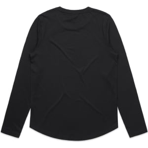 A long-sleeve black T-shirt with a rounded hem and a plain back, featuring a logo.