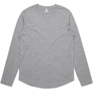 A grey long-sleeve t-shirt with a rounded hem and a small logo on the neckline.