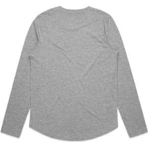 A long-sleeved grey T-shirt with a curved hem and a brand logo on the back.