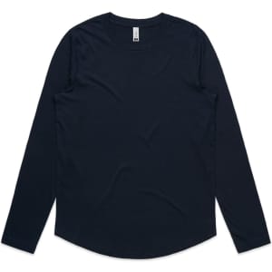A long-sleeved, navy blue t-shirt with a rounded hem and a brand logo.