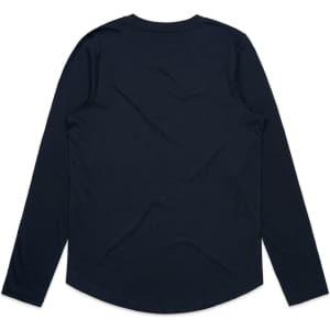 A long-sleeve tee in black with a rounded hem and a simple back design. Feature includes a logo.