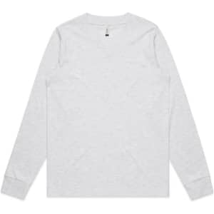 A light grey long-sleeve T-shirt with a round neck and a minimal design, featuring a logo.