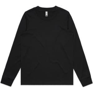 A black long-sleeve T-shirt with a round neckline and a logo. It has long sleeves and a simple design.