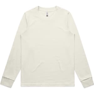 A long-sleeve t-shirt in a light cream colour, featuring a simple design and a single logo.