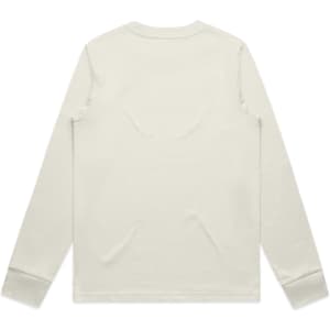 A long-sleeve off-white t-shirt with a plain back and a subtle logo on the lower side.