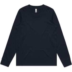 A long-sleeve T-shirt in dark navy blue, featuring a crew neckline and a logo tag.