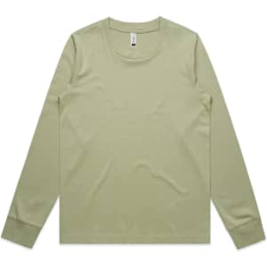 A long-sleeve T-shirt in a muted green colour with a crew neck and cuffed sleeves. Features a logo.