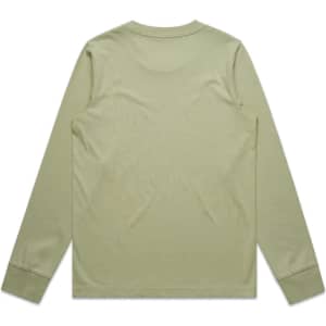 A long-sleeve T-shirt in light green, featuring a plain back design. It includes a branding logo.