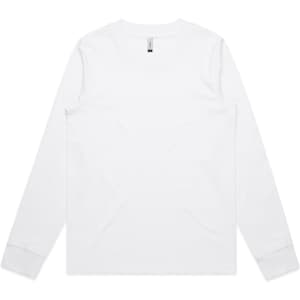 A long-sleeve white T-shirt featuring a logo. The shirt has a classic crew neck design.