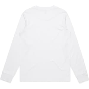 A long-sleeve tee in white with a simple, minimalist design and a small logo.