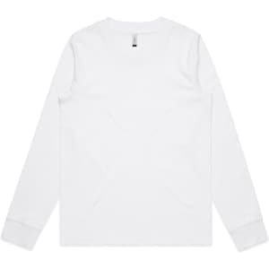 A white long-sleeve T-shirt with a crew neck and cuffs. Features a logo on the interior label.