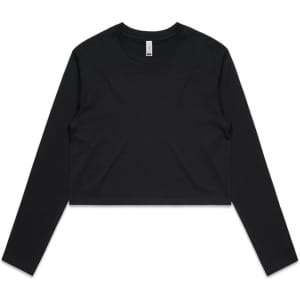 A black long-sleeve cropped t-shirt featuring a round neckline and simple design, with a logo present.