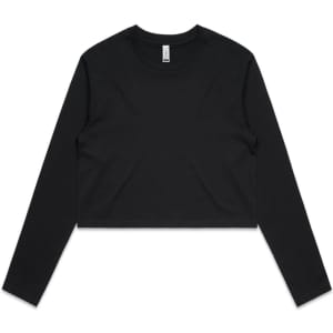 A black long-sleeve cropped t-shirt with a soft fabric and a small branding logo.