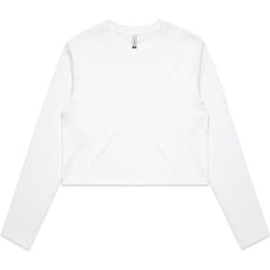 A white long-sleeve cropped tee with a minimalist design and a logo present.