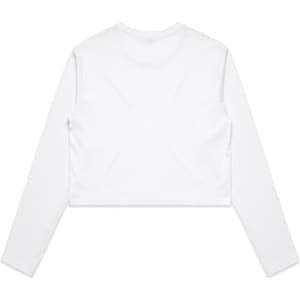 A white long-sleeve cropped tee with a simple design and back view. It features a branding logo.