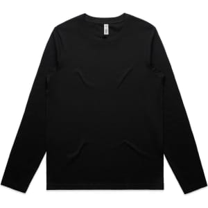 A black long-sleeve t-shirt with a round neckline and a label inside. It has branding on it.
