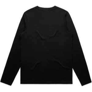 A long-sleeve black T-shirt featuring a smooth, simple design and a branding logo on the back.