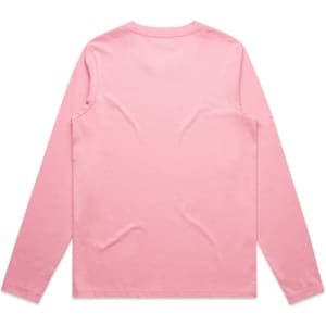 A long-sleeve T-shirt in pink, featuring a basic design and a logo on the back.