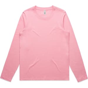 A pink long-sleeve tee with a crew neck and a logo on the label. Plain design, suitable for casual wear.