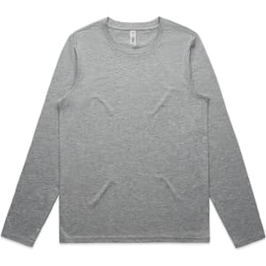 A grey long-sleeve t-shirt with a crew neckline and stitching details. The shirt features a small logo.