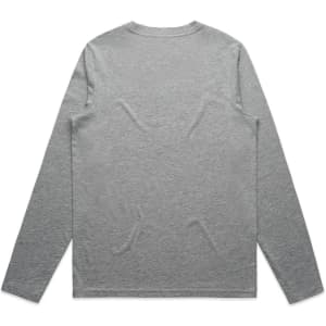 A long-sleeve, grey t-shirt with a simple design and a logo on the back.