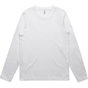 A long-sleeve white T-shirt with a round neckline and a branding logo.