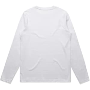A white long-sleeve T-shirt with a plain back view and long sleeves, featuring a logo.