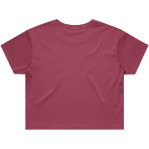 A maroon crop tee featuring a simple, unadorned back design. It has a logo.