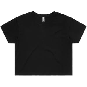 A black crop tee with a relaxed fit, featuring short sleeves and a rounded neckline. Includes a logo.