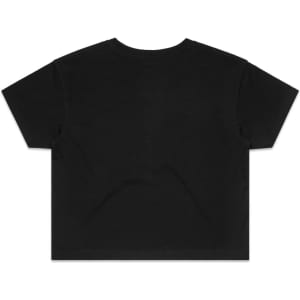 A black cropped t-shirt with a simple design and a logo on the back.