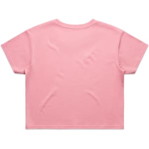 A pink crop tee with short sleeves and a plain back, featuring a logo.