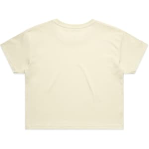 A light cream crop t-shirt featuring a simple design and relaxed fit, with a logo on the back.