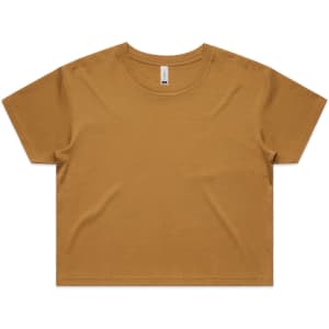 A mustard yellow crop tee with a simple design and a small logo. Short sleeves and relaxed fit.