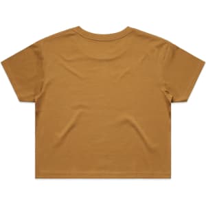 A cropped tee in a warm mustard colour, featuring a plain back design and a logo.