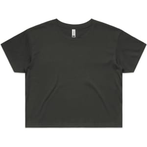 A dark green crop tee with a classic crew neckline and short sleeves, featuring a logo on the label.