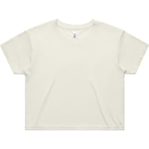 A light cream crop tee with a relaxed fit, featuring short sleeves and a simple design. It has a brand logo.
