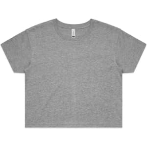 A grey crop t-shirt with a rounded neckline and short sleeves. The shirt has a logo on the label.