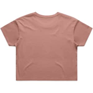 A cropped tee in a muted peach colour, featuring a simple design and a logo. The shirt has short sleeves and a relaxed fit.