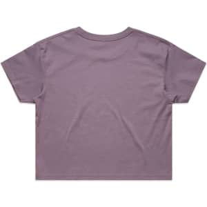 A cropped t-shirt in a muted lavender shade, featuring short sleeves and a simple design. It includes a logo on the label.