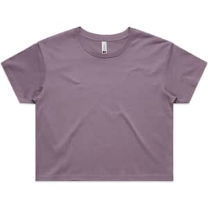 A cropped T-shirt in a soft lavender colour with a round neckline and short sleeves. It features a logo tag.