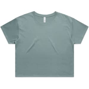 A teal crop tee with a round neckline and short sleeves, featuring a logo on the label.