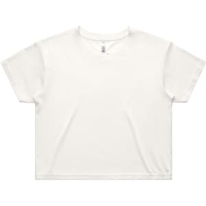 A white crop tee with a relaxed fit. The shirt features short sleeves and has a logo.
