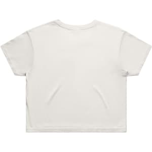 A white crop tee with a relaxed fit, featuring short sleeves and a simple design. It has a brand logo.