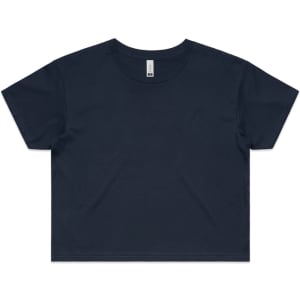 A navy blue crop tee with a relaxed fit and short sleeves. The shirt features a branding logo.