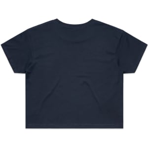 A dark navy crop tee with a plain back design and short sleeves. Features a logo on the back.